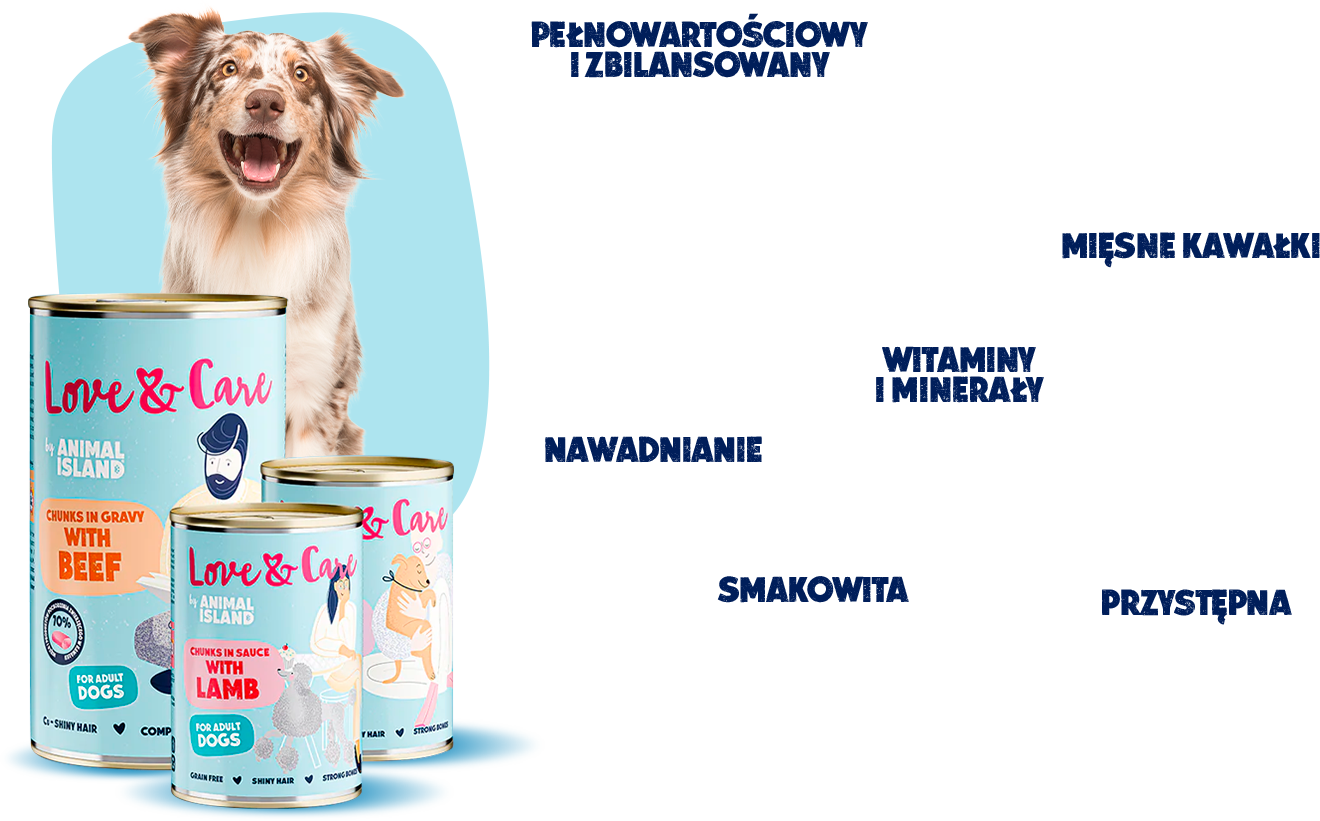 Infografika przedstawiająca zalety linii karm Love and Care od Animal Island